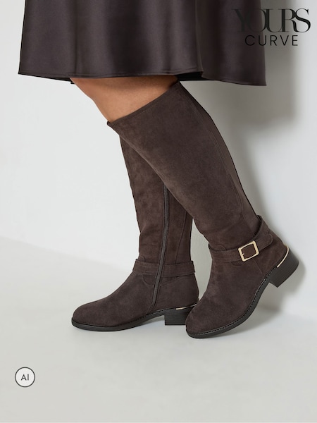 Brown - Yours Curve Buckle Stitch Detail Riding Boots