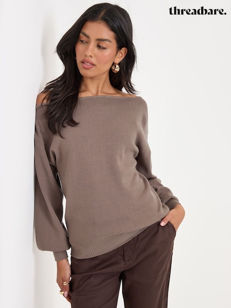 Mocha Brown - Threadbare Slash Neck Knitted Jumper