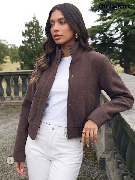 Brown - Threadbare Faux Wool Funnel Neck Bomber Jacket