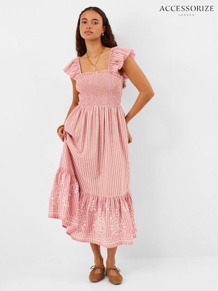 Pink - Accessorize Embroidered Stripe Midi Dress