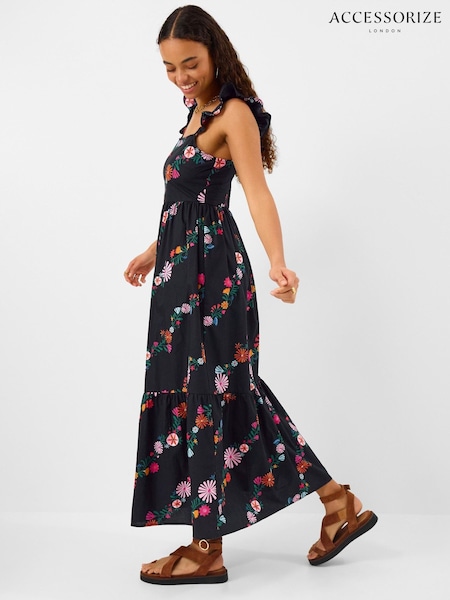 Black - Accessorize Floral Print Frill Maxi Dress