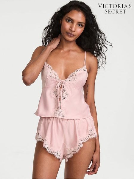 Chalk Rose Pink - Victoria's Secret Satin Lace Trim Flyaway Cami Flutter Shorts Set