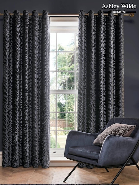 Ashley Wilde Grey Jovan Lined Eyelet Curtains (395880) | £65 - £122