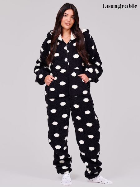 Black - Loungeable Polka Dot Cosy Borg Fleece Hooded All In One