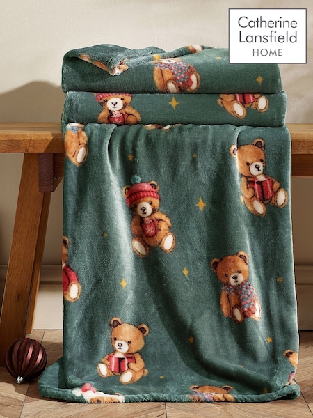 Catherine Lansfield Christmas Tartan Teddy Bear Fleece Blanket Throw