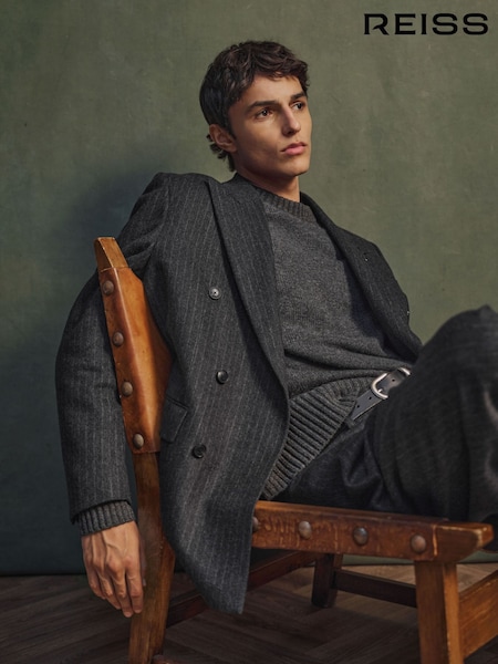 Charcoal Grey - Regular Reiss Russel Monogram Wool-blend Chalk-stripe Double-breasted Blazer Relaxed-fit