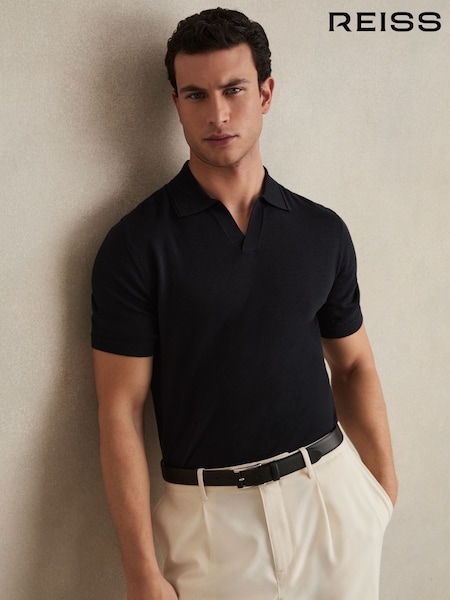Reiss Navy Duchie Merino Wool Open Collar Polo Shirt (3DY057) | £88