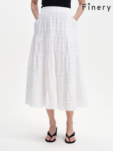 White - Finery Siobhan Cotton Broderie Tiered Midi Skirt