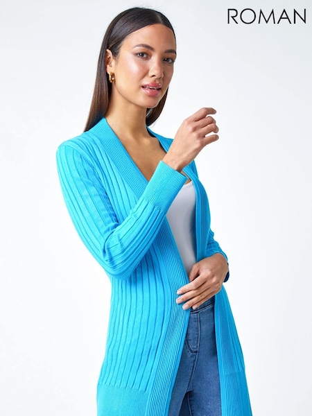Roman Blue Longline Stretch Ribbed Cardigan (402406) | £32