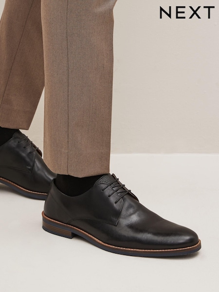 Black Standard Fit Leather Derby Shoes with Navy Contrast Sole (402679) | £55