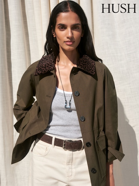 Green - Hush Leopard Collar Barn Jacket