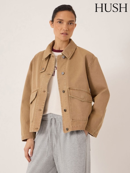 Brown - Hush Elara Washed Cotton Funnel Neck Utility Jacket