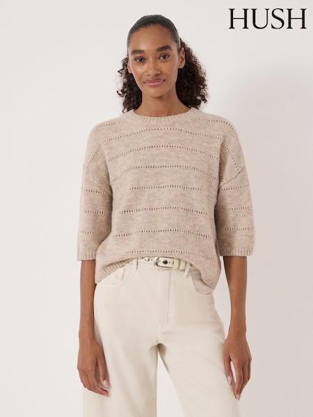Natural - Hush Arlette Gathered Sleeve Pointelle Stitch Wool Blend T-shirt