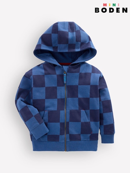 Blue - Boden Check Zip-through Hoodie