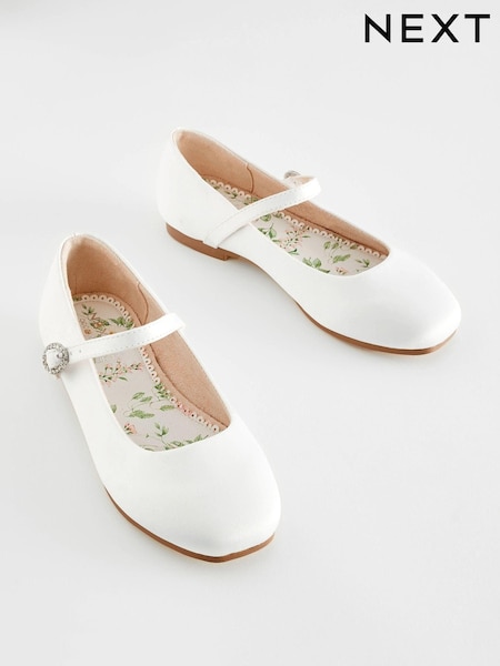 White Satin Stain Resistant Bridesmaid Wide Fit (G) Mary Jane Flower Girl Square toe Occasion Shoes (407058) | £22 - £29