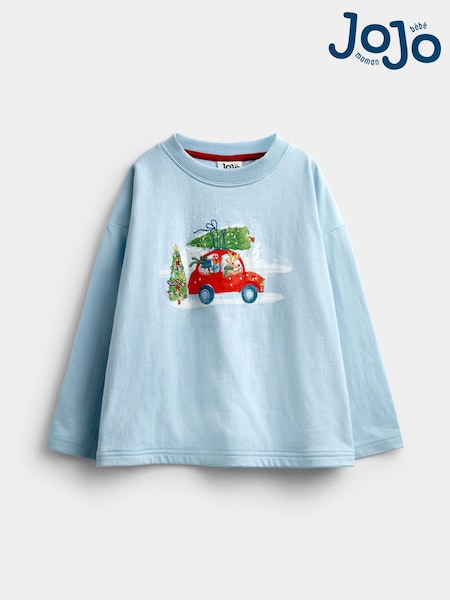 Light Blue Christmas Tree Car - Jojo Maman Bébé Printed Top
