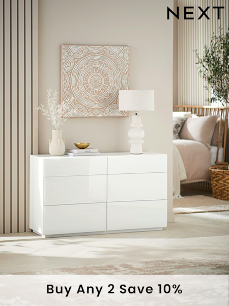 White Sloane Glass 6 Drawer Collection Luxe Chest of Drawers (407438) | £799