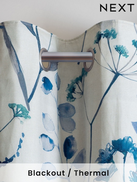Blue Isla Floral Print Blackout/Thermal 100% Cotton Eyelet Curtains (407538) | £50 - £110