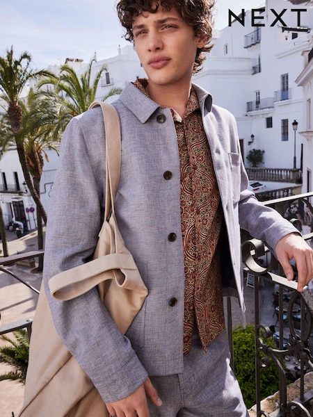 Chambray Blue Textured Linen Blend Chore Jacket (407600) | £10