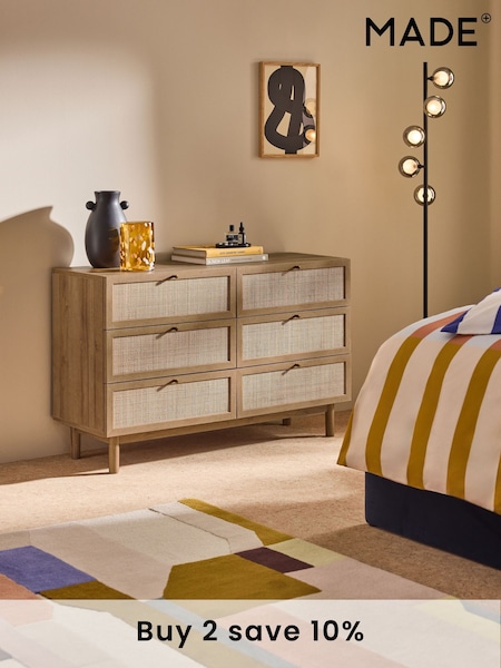 MADE.COM Oak Effect 2 Pavia Rattan 6 Drawer Wide Chest of Drawers (407838) | £499