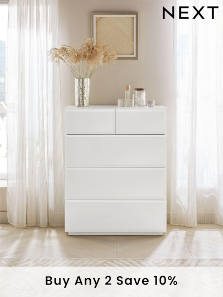 White Sloane Glass 5 Drawer Collection Luxe Chest of Drawers (408097) | £699