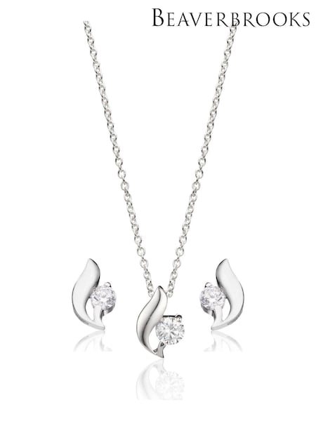 Beaverbrooks Sterling Silver Cubic Zirconia Pendant And Stud Earrings Set (408187) | £85