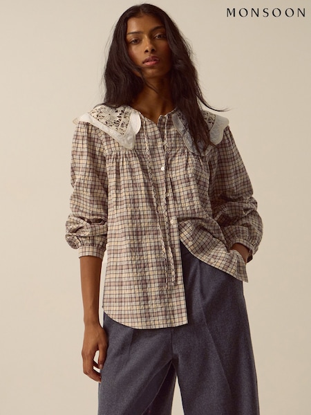 Brown - Monsoon Thea Lace Collar Check Shirt