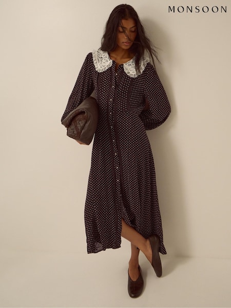 Brown - Monsoon Shae Lace Collar Polka Dot Midi Dress