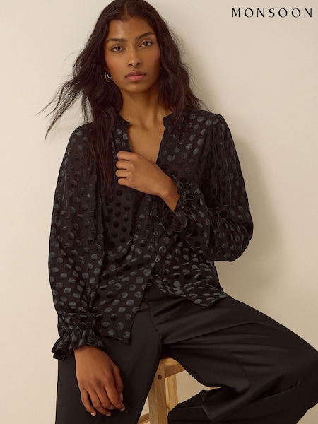 Black - Monsoon Sally Polka Dot Devoré Jersey Blouse