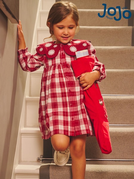 Red Tartan Check - Jojo Maman Bébé Embroidered Collar Dress