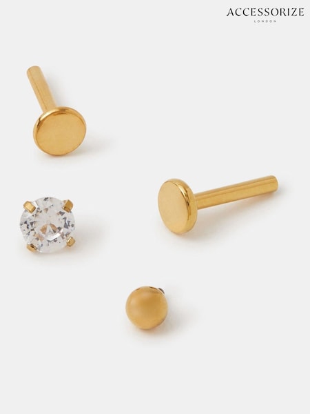 Gold - Accessorize 14ct Plated Surgical Steel Diamanté Flatback Earrings 2 Pack