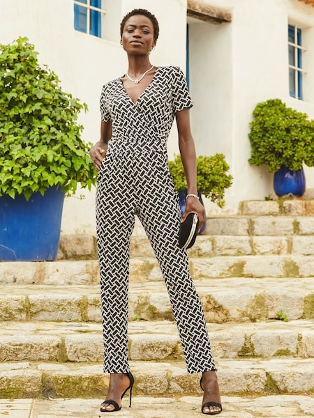 Sosandar Dark Black Geometric Print Wrap Front Jumpsuit (412371) | £85