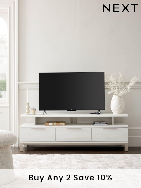 White Bronx Up to 65 inch, Floating Top Oak Effect Slim TV Unit (413003) | £375