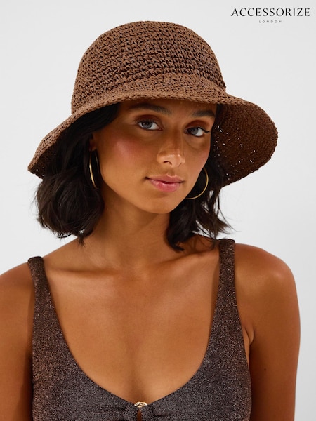Brown - Accessorize Woven Straw Bucket Hat