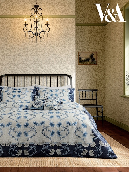 V&A Indigo Blue Scrolling Carnation 100% Cotton Duvet Cover and Pillowcase Set (416508) | £95 - £120