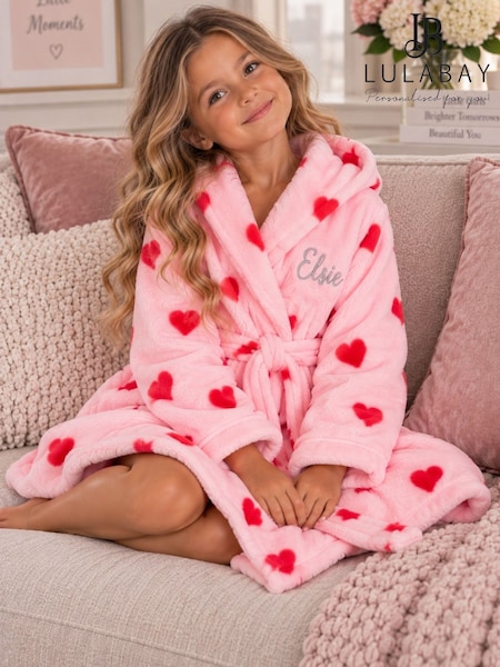 Pink - Personalised Plush Heart Print Dressing Gown By Lulabay