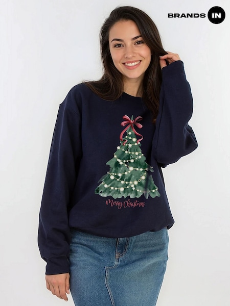 Blue - Brands In Christmas Tree Watercolour Sweat Top