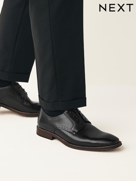 Black Standard Fit Leather Contrast Sole Derby Shoes (425388) | £62