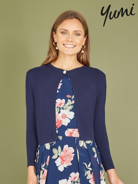 Yumi Blue Diamante Button Cropped Cardigan (425402) | £40