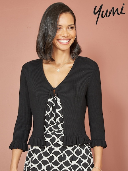 Yumi Black Tie Up Ribbed Cardigan With Frill Hem (425410) | £40