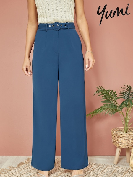 Yumi Blue Straight Leg Crepe Trousers With Belt (425676) | £45