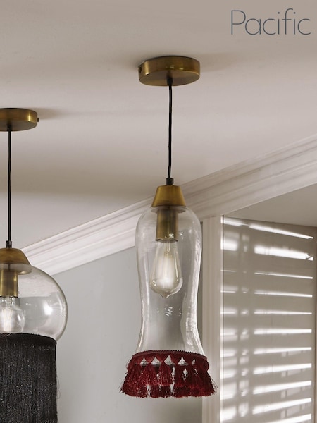Pacific Clear Clear Glass and Red Organic Tassel Ceiling Light Pendant (427372) | £100