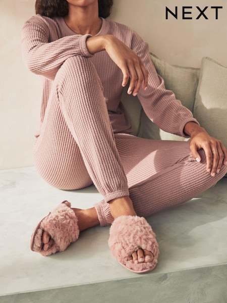 Pink Faux Fur Crossover Slider Slippers (427763) | £12