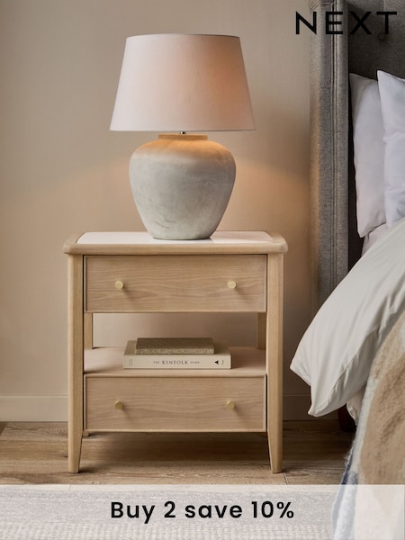 Light Natural Clementine Oak Veneer 2 Drawer Wide Bedside Table (428925) | £275