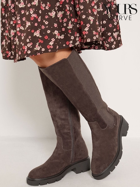 Brown - Yours Curve Knee High Cleated Chelsea Boots In Wide E Fit