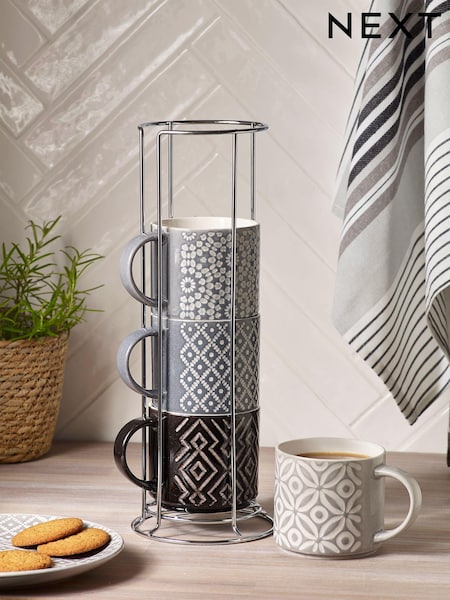 Grey Geo Embossed Set of 4 Stacking Mugs (431111) | £28
