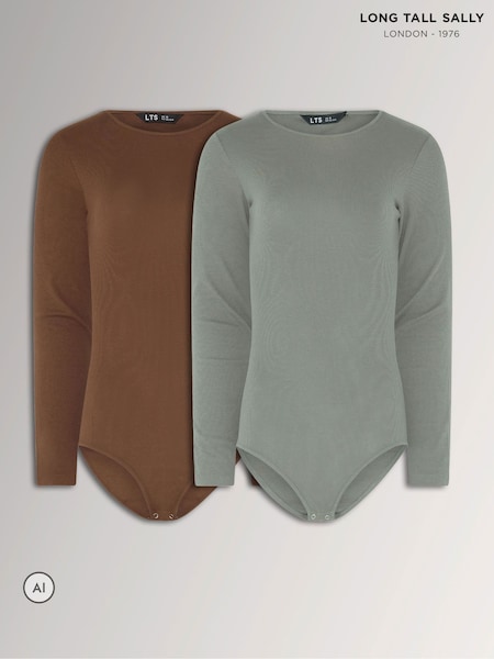 Brown & Grey - Long Tall Sally Long Sleeve Ribbed Bodysuits 2 Pack