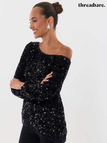 Black - Threadbare Sequin Asymmetric Top