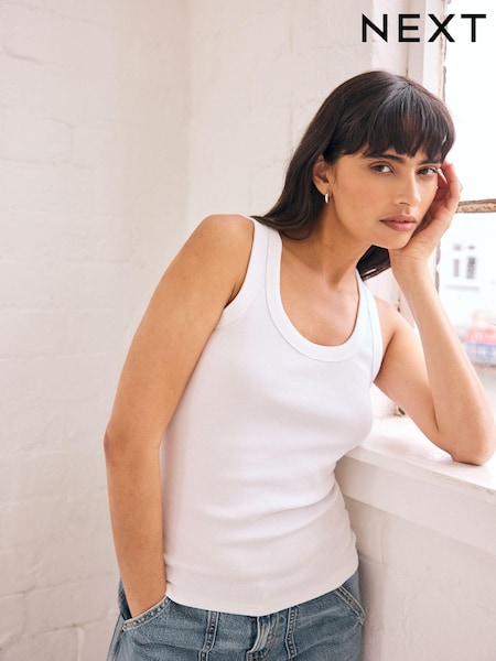White Premium Ribbed Scoop Tank Vest Sleeveless Top (434451) | £14
