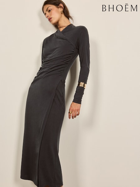 Grey - Modal Blend Wrap Drape Longsleeve Midi Dress